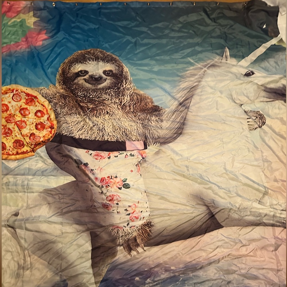 Funny shower curtain, sloth riding a unicorn